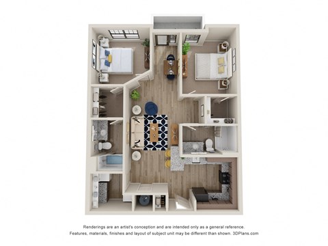 Floor plan for 2 beds, 2 baths, 1032 sqft
